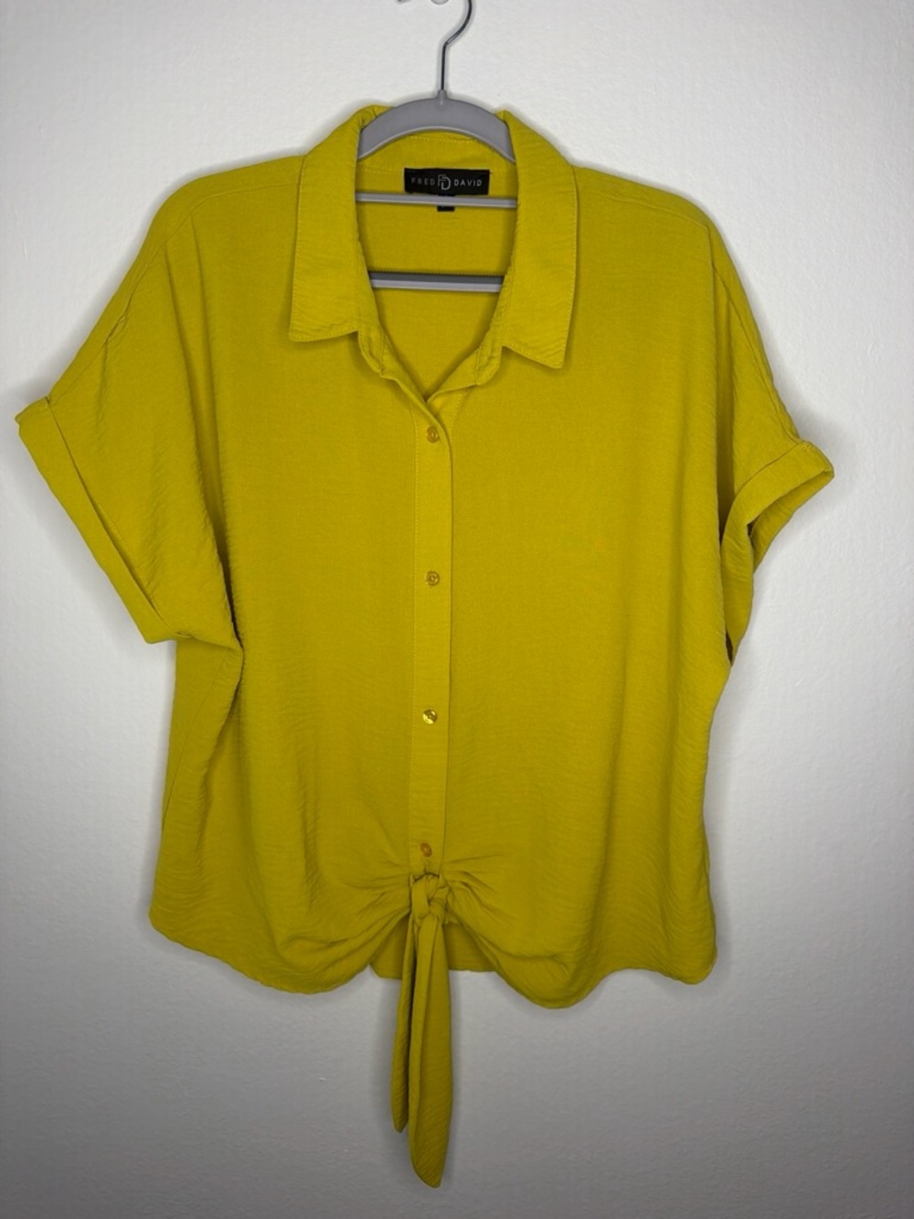 Fred David Short Sleeve Button-Front Tie Top - Yellow